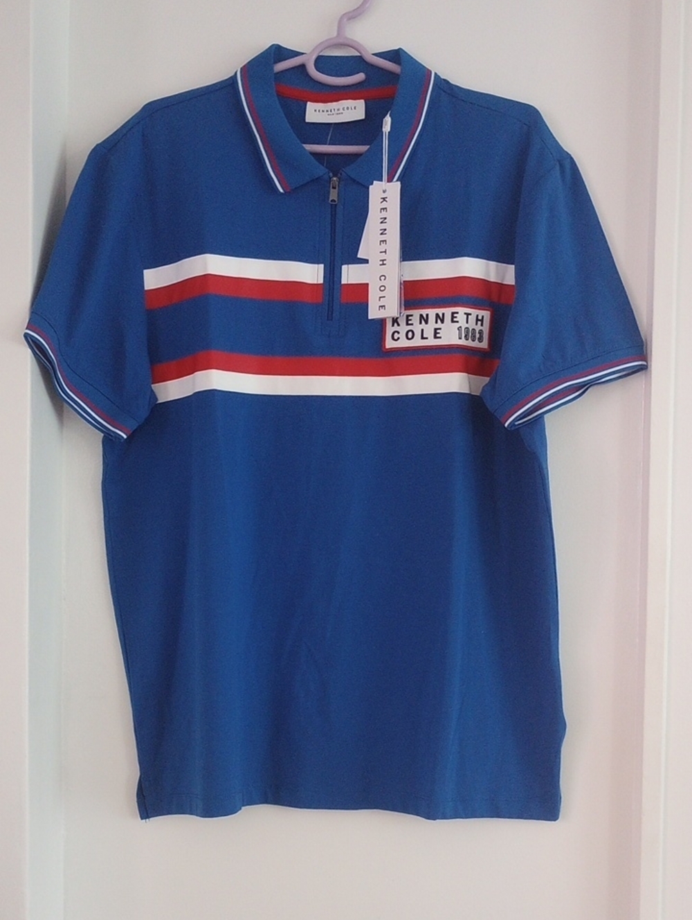 Kenneth Cole Cotton Royal Blue Red and White Stripes Polo Shirt Size M
